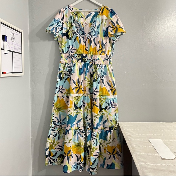 CYNTHIA ROWLEY Cotton Tiered Maxi Dress Floral popover Size 2X NWT resortwear - Picture 2 of 11